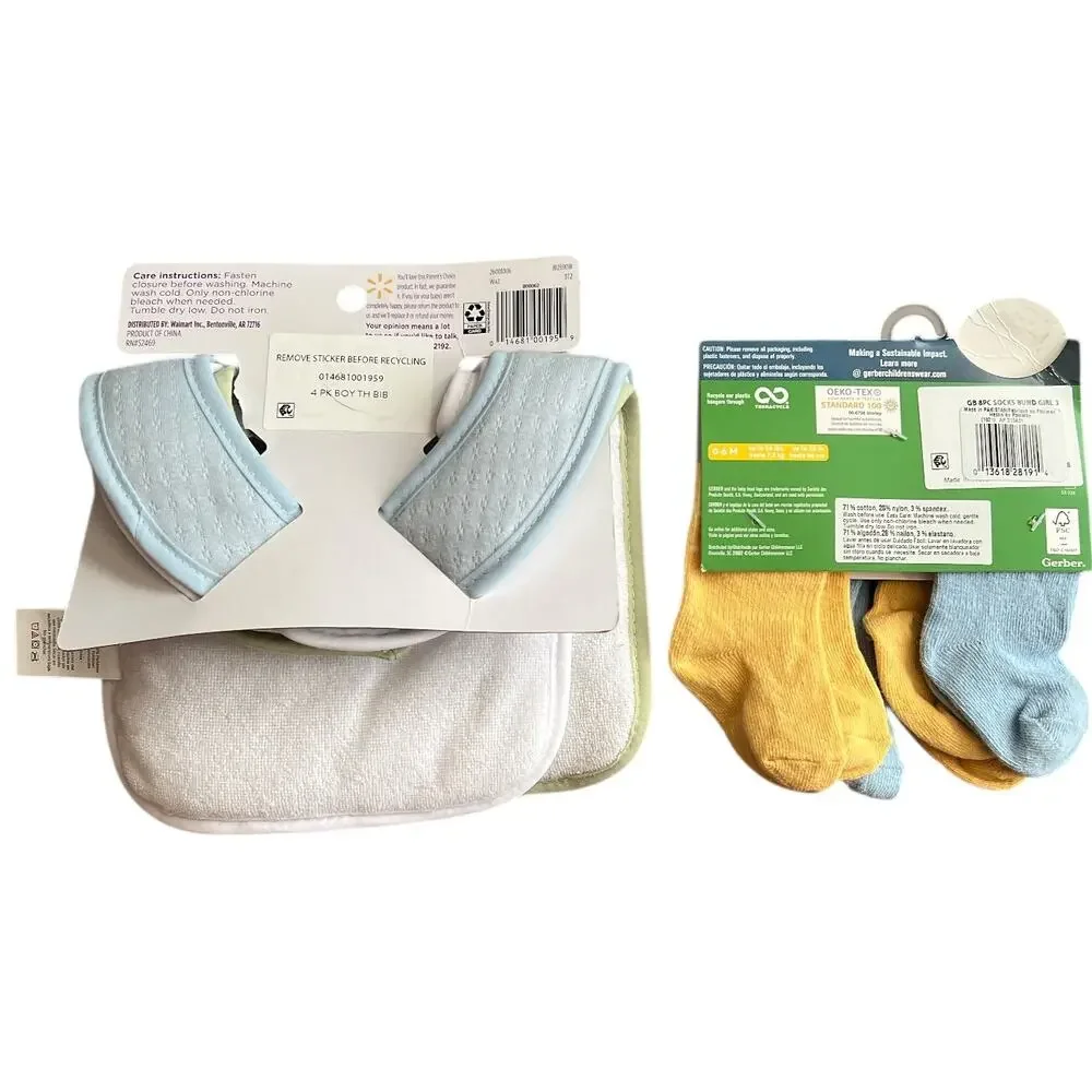 Lot 2 Parent's Choice 4-piece Bibs + Gerber Stay On Socks, 0-6 months
